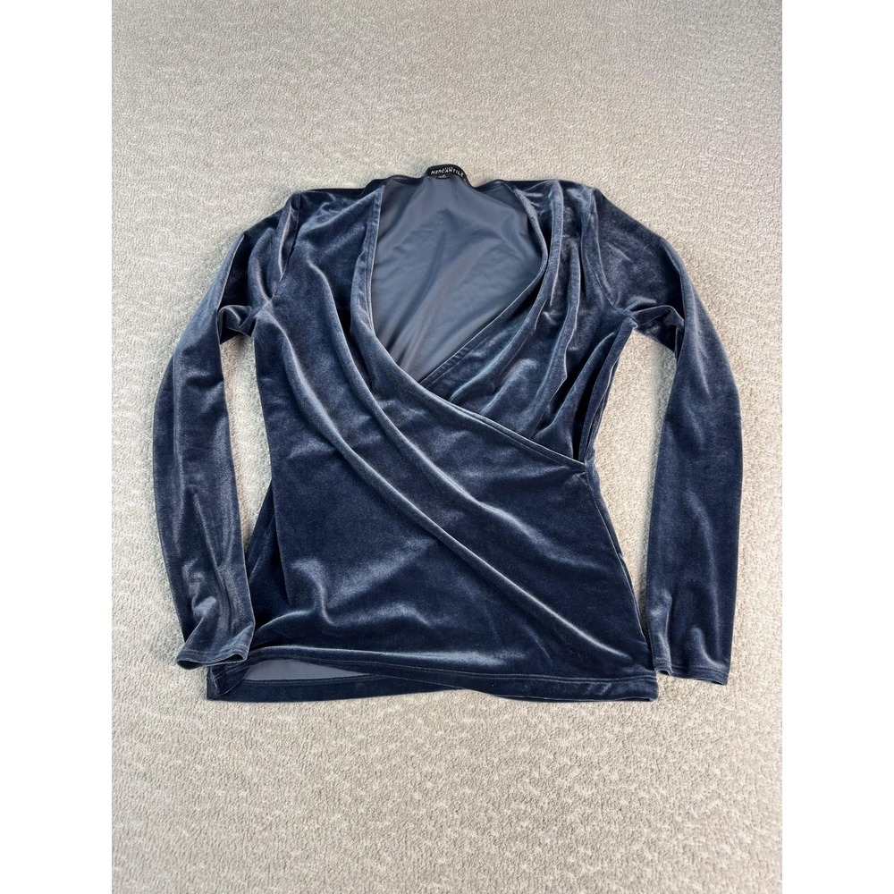 J Crew Mercantile Top Womens Small Blue Velvet Wrap Long Sleeve Pullover Shirt